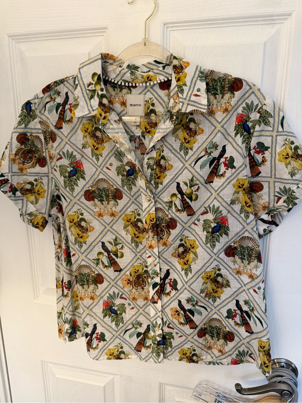 Anthropologies Maeve Short-Sleeve Floral & Parrot Print Shirt - Cream